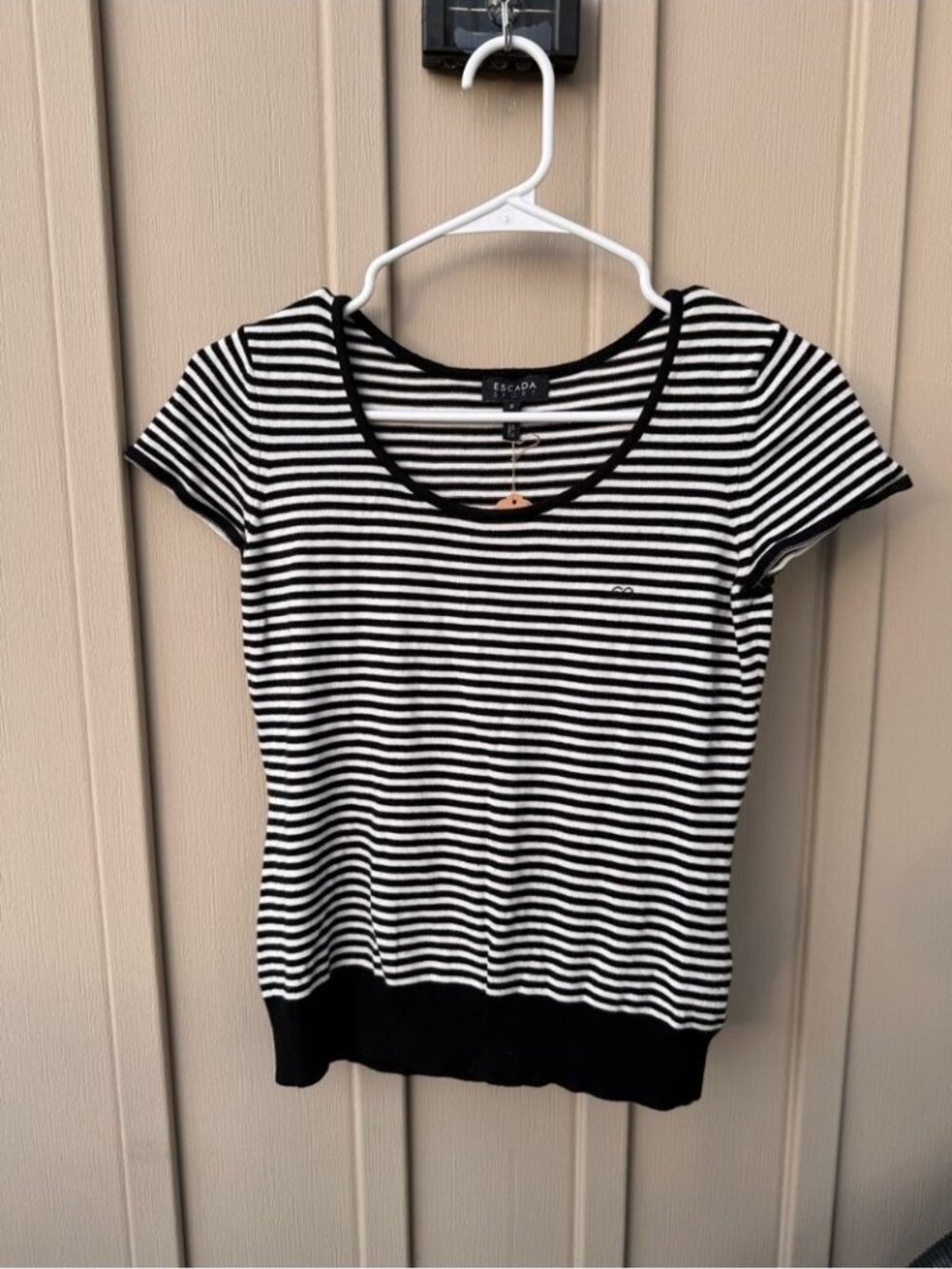 Escada Sport Y2K Black & White Striped Short Sleeve Scoop Neck Top
